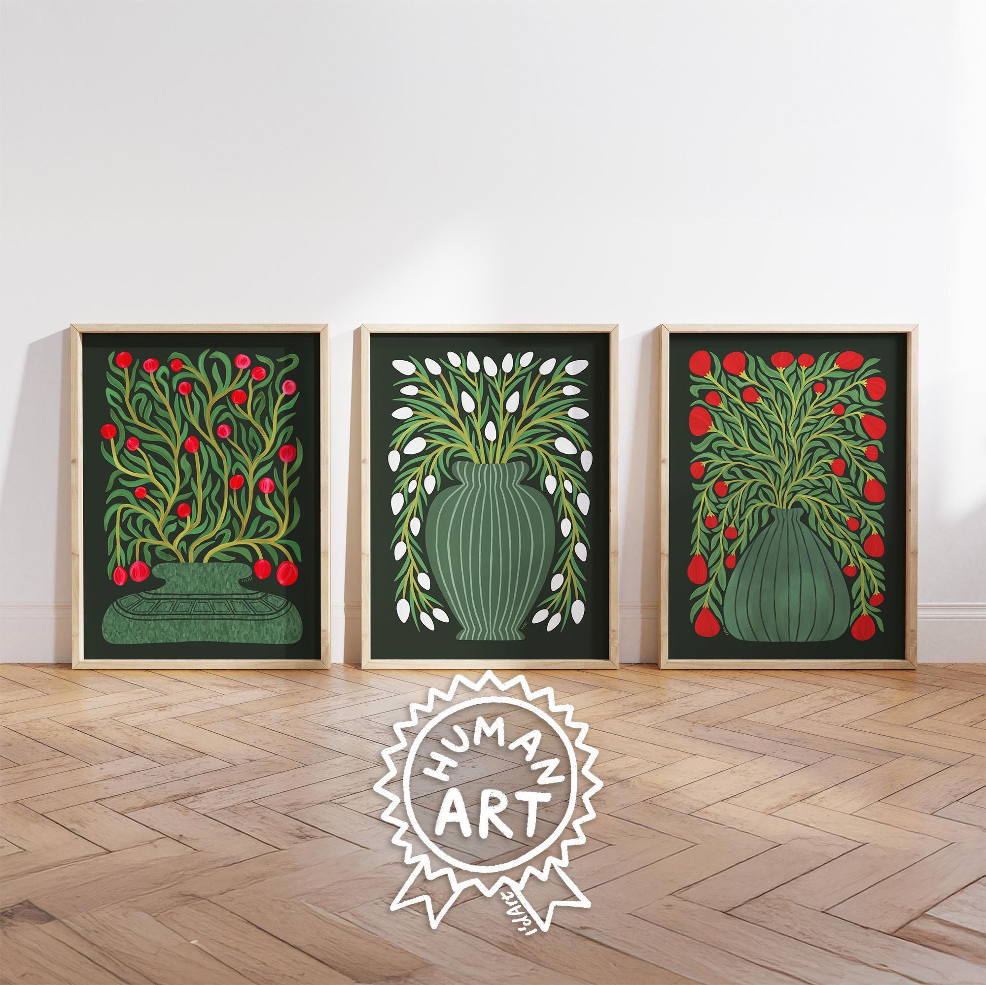 Botanical Print Set of 3, Whimsical Plants Wall Art, Vivid Red Green ...