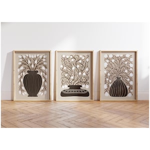 Juego de 3 impresiones de arte popular botánico neutro, póster moderno escandinavo de planta en jarrón, decoración abstracta orgánica de flores beige, marrones y blancas para el hogar