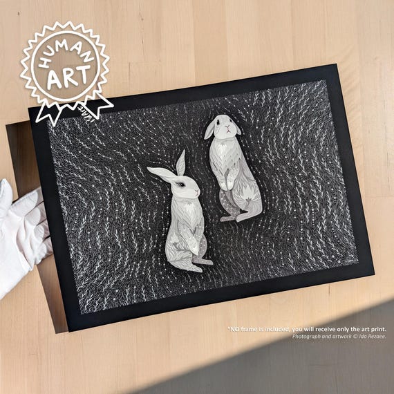 White Rabbits Art Print, Delicate Black & White Cute Bunnies Poster, Minimal Aesthetic Hare Folks Art, Bunny Lover Gift