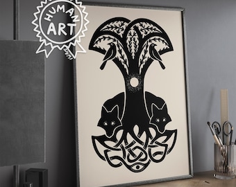 May include: A framed print featuring a black ink illustration on a cream background. The artwork depicts a stylized tree with two birds perched in the branches and two foxes positioned at the base, integrated into an intricate knotwork design.