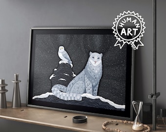 May include: A framed art print featuring a stylized illustration of a snow leopard and a snowy owl against a dark, starry background. The leopard is seated on a snowy ledge, while the owl perches on a dark, textured rock formation. The print includes a white circular logo in the top right corner with the text HUMAN ART.