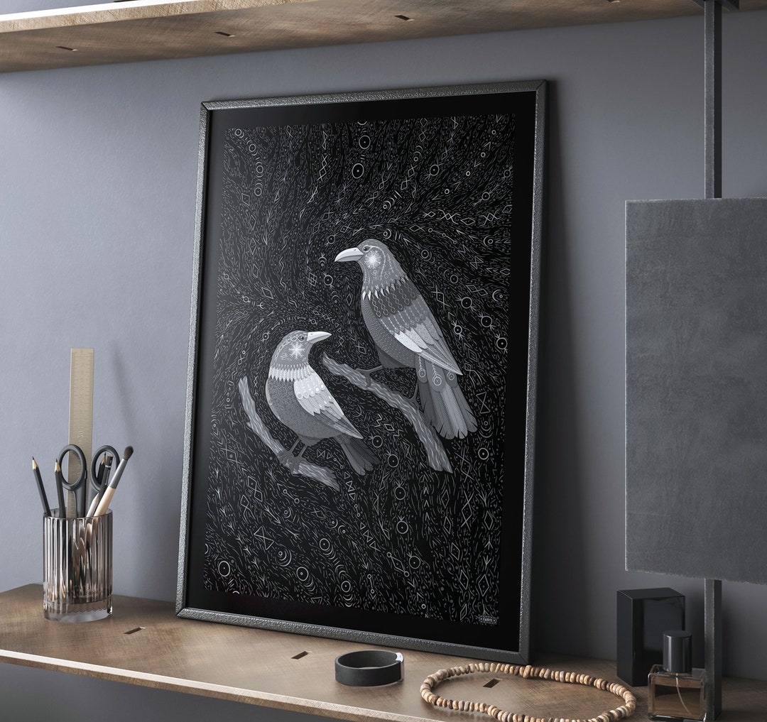 Odin's Raven Huginn & Muninn Folk Art Print, Abstract Whimsical Black ...