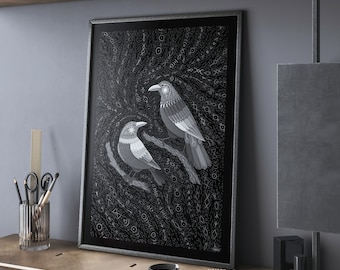 Odin's Raven Huginn & Muninn Folk Art Print, Abstract Whimsical Black Crow Wall Poster, Dark Norse Mythology Elder Futhark Runes Viking Gift