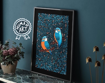 Lebendiger Eisvogel Wand Kunst Druck, Buntes Lebendiges Vogel Liebhaber Giclée Poster, Orange & Blaugrünes Botanisches Wildlife Tier Natur Geschenk