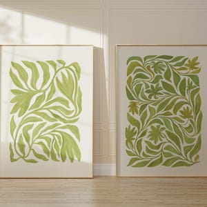 Set di 2 stampe di arte popolare botanica astratta moderna, decorazione murale floreale Art Nouveau organica e malinconica, poster di foglie di fiori monocromatici verde brillante