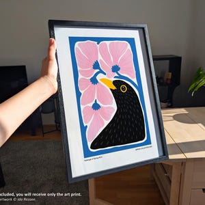 Blackbird Scandinavian Folk Art, stampa primaverile rosa blu pastello, poster da parete minimalista con fiori di ciliegio e uccelli, moderno e colorato, per la cameretta dei bambini