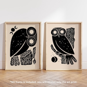 Set of Two Owls Art Print, Minimalist Little Owl of Minerva Wall Art, Owl of Athena Bird Poster, Owls and Moon Greek Mythology Decor