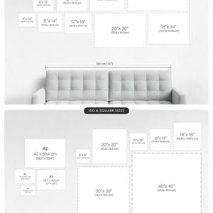 May include: A visual guide displaying various rectangular and square print sizes in inches and centimeters, arranged above a sofa. The chart includes labels for Inch Sizes and ISO & Square Sizes, showing dimensions from 8x10 inches to 40x40 inches.
