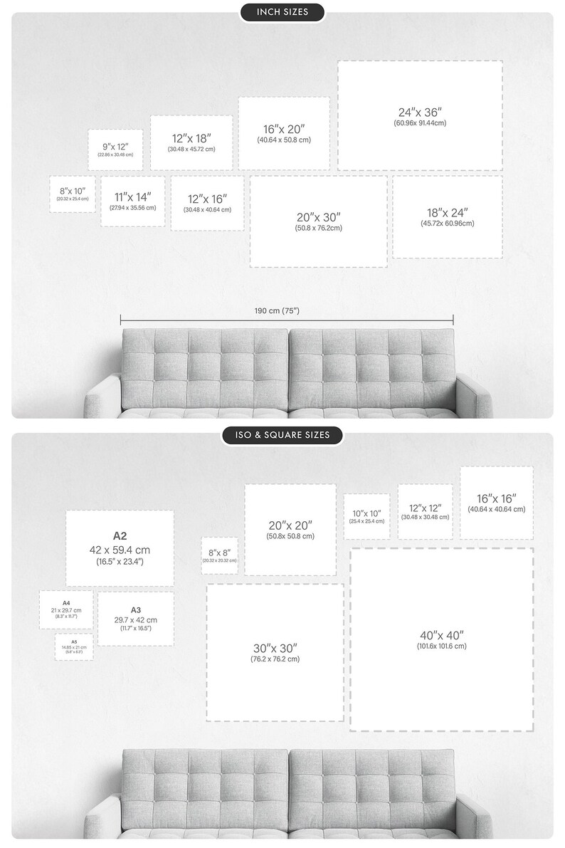 May include: A visual guide displaying various rectangular and square print sizes in inches and centimeters, arranged above a sofa. The chart includes labels for Inch Sizes and ISO & Square Sizes, showing dimensions from 8x10 inches to 40x40 inches.