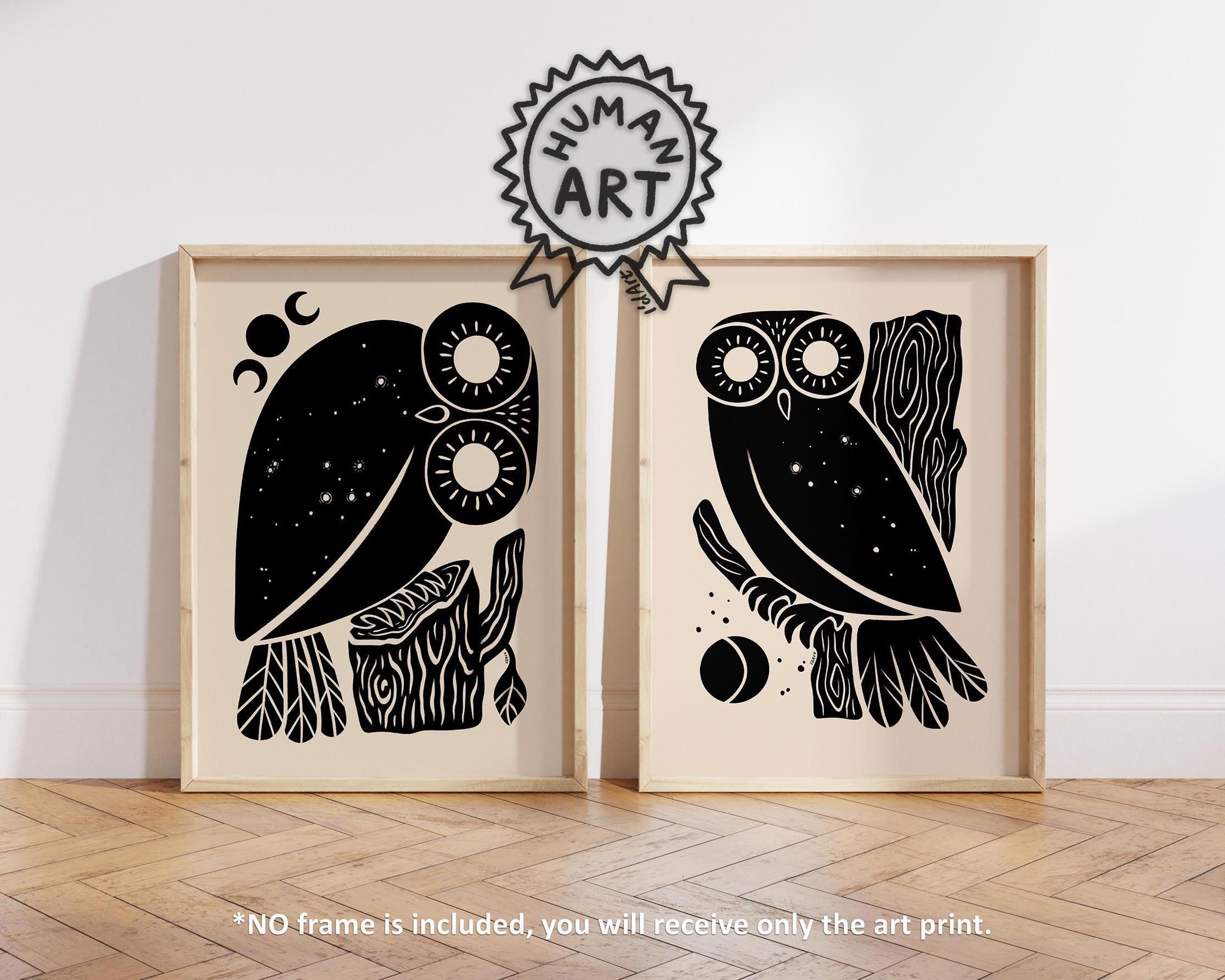 Set of Two Owls Art Print, Minimalist Little Owl of Minerva Wall Art, Owl of Athena Bird Poster, Owl