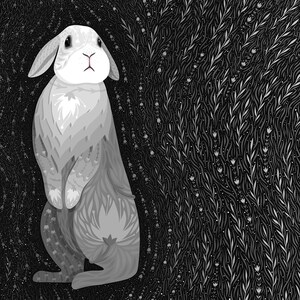 May include: A black and white digital illustration of a rabbit standing upright. The rabbit features intricate floral and leaf patterns integrated into its fur. The background consists of a dense, repeating pattern of dark leaves and small white flowers.