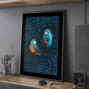 Stampa artistica da parete con martin pescatore vibrante, poster giclée colorato e vivido per gli amanti degli uccelli, regalo di natura botanica, animale selvatico, arancione e verde acqua, blu e verde acqua