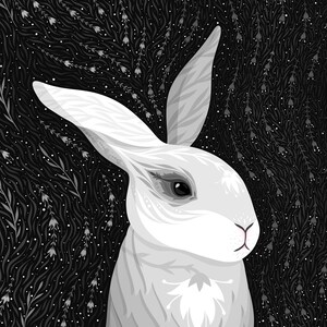 May include: A digital illustration of a white rabbit with grey markings, featuring long ears and dark eyes. The rabbit is set against a dark background filled with a dense, repeating pattern of grey and white stylized floral and leafy botanical elements.