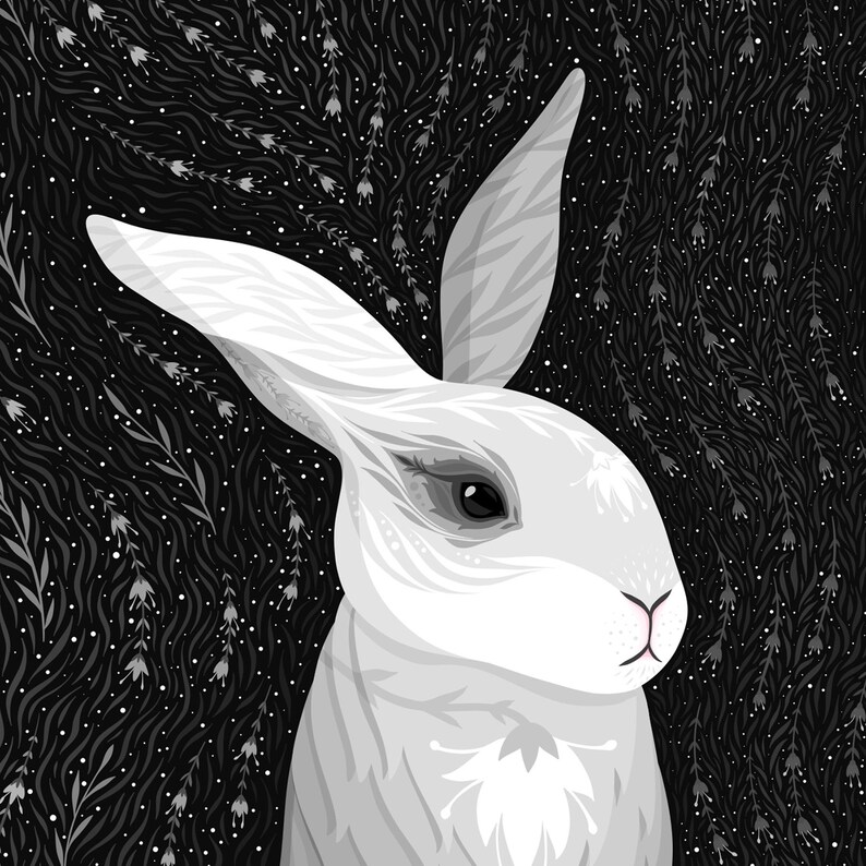 May include: A digital illustration of a white rabbit with grey markings, featuring long ears and dark eyes. The rabbit is set against a dark background filled with a dense, repeating pattern of grey and white stylized floral and leafy botanical elements.