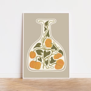 Herbst Kürbis Art Print, Orange Grün Mid Century Modern Erntedank Ernte Halloween Wand Poster, Abstraktes Zeitgenössisches Saisonales Dekor