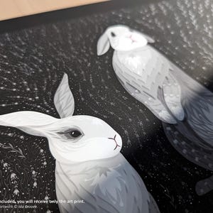 White Rabbits Art Print, Delicate Black & White Cute Bunnies Poster, Minimal Aesthetic Hare Folks Art, Bunny Lover Gift image 2