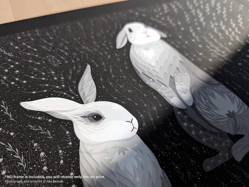 White Rabbits Art Print, Delicate Black & White Cute Bunnies Poster, Minimal Aesthetic Hare Folks Art, Bunny Lover Gift image 2