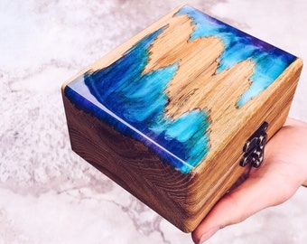 Handgemachte Holz Schmuckschatulle mit Epoxidharz ozeal blaue Farbe |Holz Harz Aufbewahrungsbox|Epoxidharz Schatulle Andenken Box|Geschenk für sie