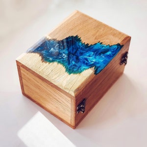 Handmade Wooden Jewelry Box: Ocean Blue Epoxy Resin Keepsake
