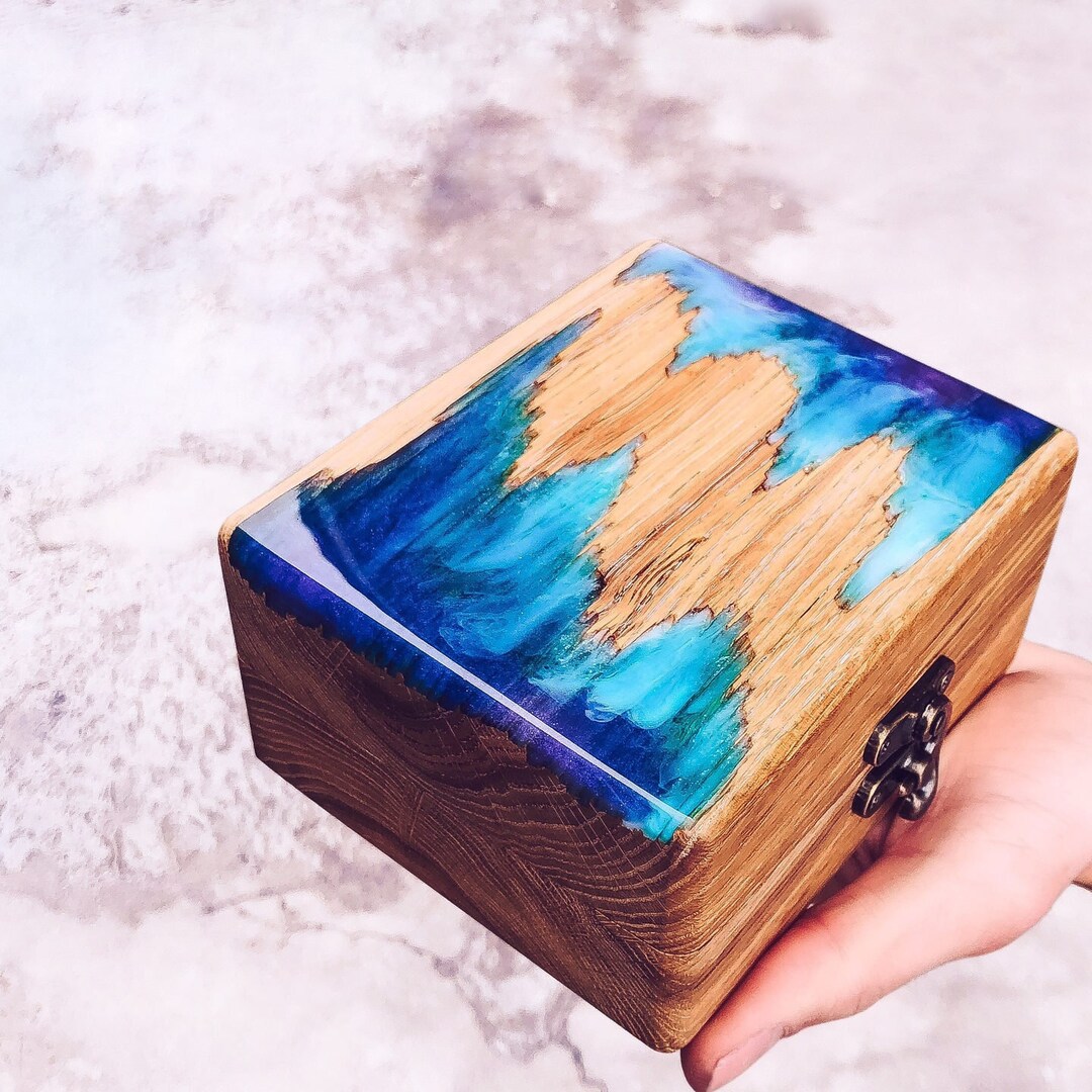 Handmade Wooden Jewelry Box With Epoxy Resin Oceal Blue Color wood