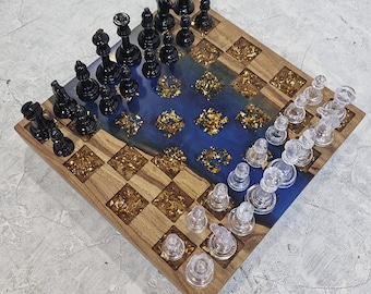 The chessboard is made of elm and sapphire polymer with the addition of blue mother-of-pearl|Chess pieces resin|Wooden chess set|Board Game