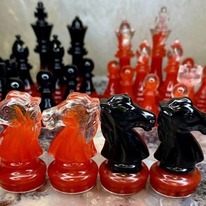 Handmade Red & Black Epoxy Resin Chess Set: Unique Board Game Gift