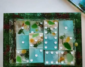 Unique domino set with marine themed storage box,Epoxy resin domino,Unique Game Set,Resin Art,Gift for him,Board Game, Family Game