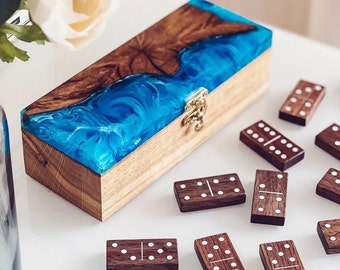 Wood epoxy resin Handmade dominoes made of walnut wood in an oak wood box|Luxury collectible dominoes|Wood blue resin box|Gift for him