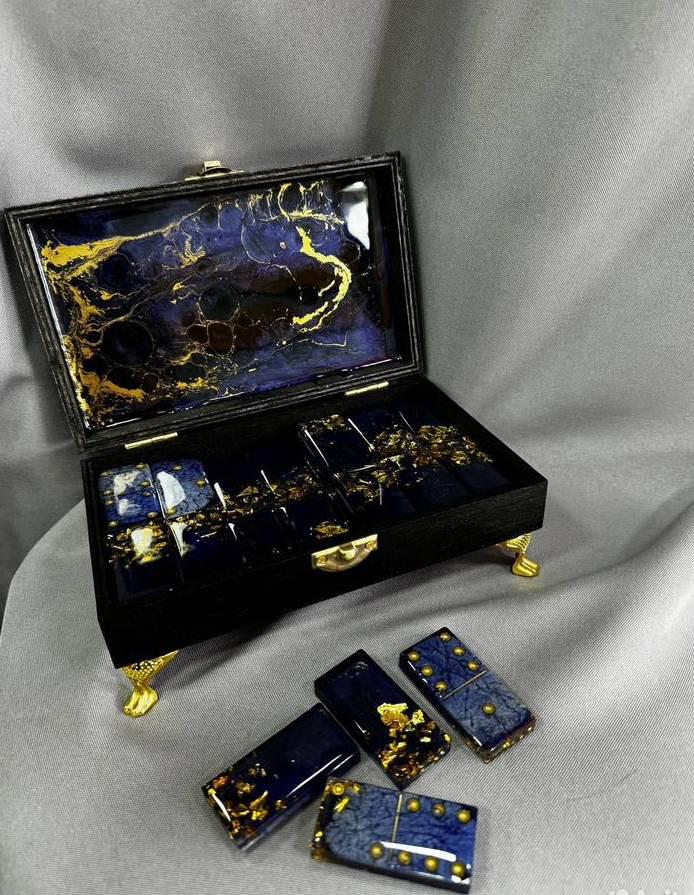 Resin domino set in wooden box,Luxury collectible dominoes,Wood blue resin box,Gift for him, Unique game set, Resin Art