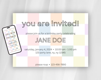 May include: A colourful birthday party invitation with a chequered background. The invitation reads "you are invited!" and includes the name "JANE DOE", the date "saturday, january 4, 2024", the time "10:00 am - 1:00 pm", the address "123 party lane, ny, ny 12345", and the RSVP number "123-456-7890".