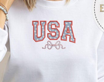 Coquette Bow Embroidery USA Hoodie, Red White Blue Hoodie, Patriotic Gift for Her, Girly American Style, 4th of July Look, Gift For Her
