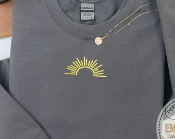 Custom Sunshine Sweatshirt, Embroidered Sun Hoodie, Personalized Thread Hoodie, Boho Cozy Sweater, Gift For Her, Custom Summer Stitch Design