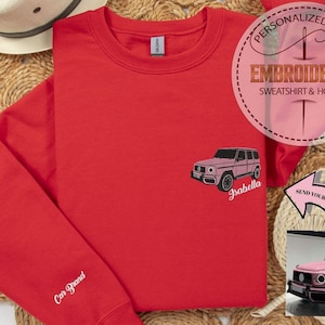 Embroidered Car Sweatshirt With Photo, Custom Sleeve Line Art Stitch, Personalized Auto Portrait Hoodie, Car Lover Birthday Gift For Him