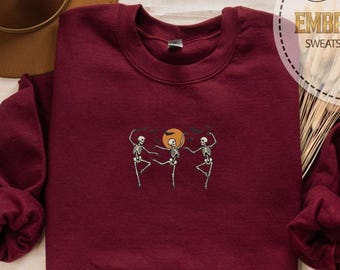 Embroidered Skeleton Dance Hoodie, Ballet Bats Sweatshirt, Retro Pumpkins Row, Cozy Autumn Night, Spooky Season Style, Halloween Gift