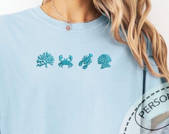 Ocean Creatures Embroidery Shirt with Coral Crab Lobster, Marine Style Gift, Summer Look Tee, Coastal Comfort Colors Shirt