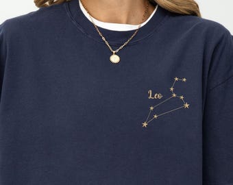 Zodiac Star Sign Embroidered Tee, Astrology Constellation Pocket Shirt, Horoscope Celestial Gift, Comfort Colors T-Shirt, Gift For Her