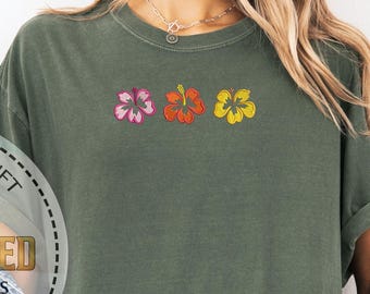 Hibiscus Floral Embroidery Tee, Tropical Beach Summer Shirt, Hawaii Flower Gift For Her, Comfort Colors T-Shirt, Gift For Her