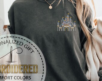 Disney Castle Tee, Embroidered Disney T-Shirt, Comfort Colors Shirt, Theme Park Outfit, Fairytale Fantasy Gift, Disneyland Gift