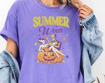 Comfort Colors Summerween Party Tee, Retro Spooky Summer Vibes Shirt, Frankenstein Monster Beach T-shirt, Halloween Gift, Retro Monster Tee