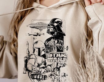 Sudadera con arte de Darth Vader y Boba Fett, sudadera con capucha de Disney Star Wars, diseño de boceto retro, escena de la Estrella de la Muerte, arte de cazas TIE, GIF unisex acogedor.