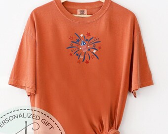 Firecracker Embroidered Shirt, Red White Blue Fireworks Tee, Patriotic 4th of July Embroidery T Shirt, Summer Gift For Her or Him