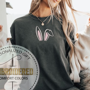 Bunny Ears Shirt, Embroidered Rabbit Ears Tee, Minimalist Easter Bunny T-Shirt, Coquette Aesthetic, Cute Spring Outfit, Comfort Colors  Tee