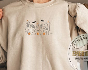 Embroidered Ballet Skeletons Sweatshirt, Dancing Bones Hoodie, Autumn Pumpkins With Bats, Cozy Autumn Night Vibes, Halloween Party Gift