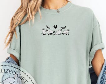 Embroidered Spooky Ghost Cats Shirt, Comfort Colors Halloween T-shirt, Flying Bats Embroidery Design Tee, Black Cat Ghost Costume
