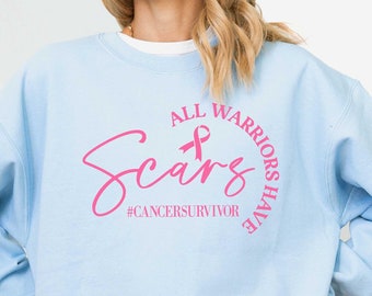 Sudadera "Todos los guerreros tienen cicatrices", camiseta de concienciación sobre el cáncer de mama, camiseta de superviviente de cáncer, regalo de cáncer para mujeres, sudadera "Más fuerte que el cáncer"