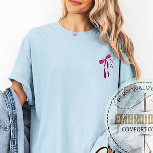Embroidered Custom Bow Initial Pocket Tee, Coquette Comfort Colors Shirt, Bride Bachelorette Gift T-shirt, Personalized Wedding Tee
