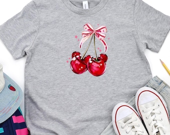 Cherry Bow Watercolor Tee, Disney Coquette Shirt, Romantic Cute Fruit Shirt, Trendy Summer Park Vacation Top, Trendy Coquette Tee