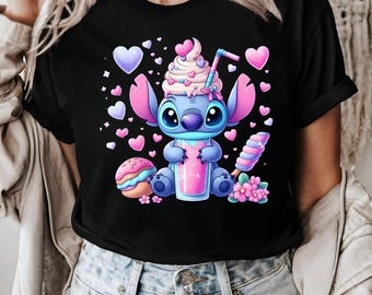 Cute Stitch Ice Cream T-Shirt, Cute Stitch Hearts Tee, Disney Summer Cartoon Tee For Her, Fun Vacation Shirt, Kids Graphic Gift Tee
