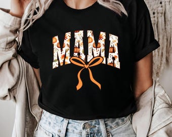 Pumpkin Mama Shirt, Fall Mama Bow T-shirt, Autumn Coquette Mama Tee, Cute Thanksgiving Mom Graphic Shirt, Gift For Her, Fall Mama Tee