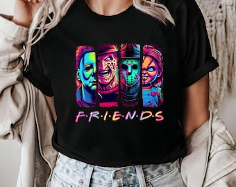 Scary Friends Horror T-shirt, Creepy Movie Killers Neon Graphic Tee, Spooky Matching Halloween Shirt For Horror Fans, Funny Gift Idea